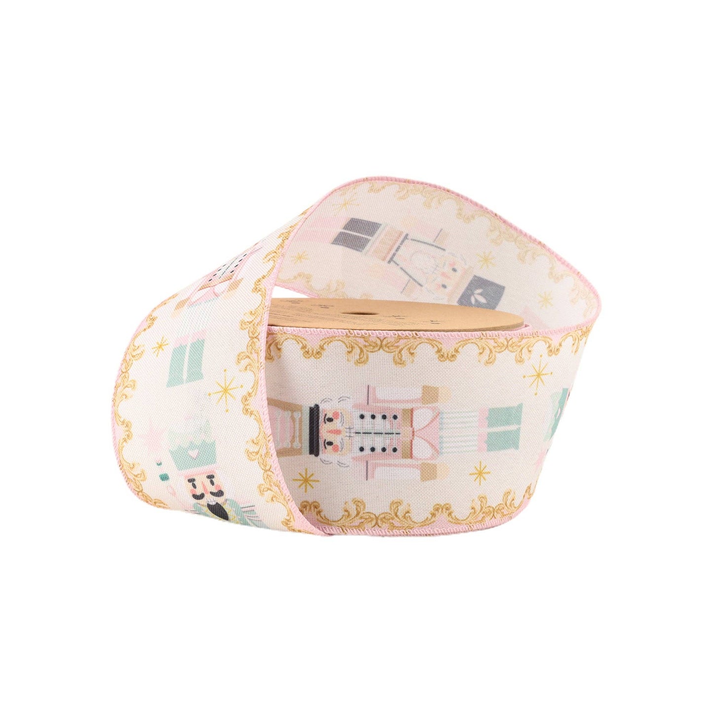 2 1/2" Wired Ribbon | Pink Nutcracker on White | 10 Yard Roll