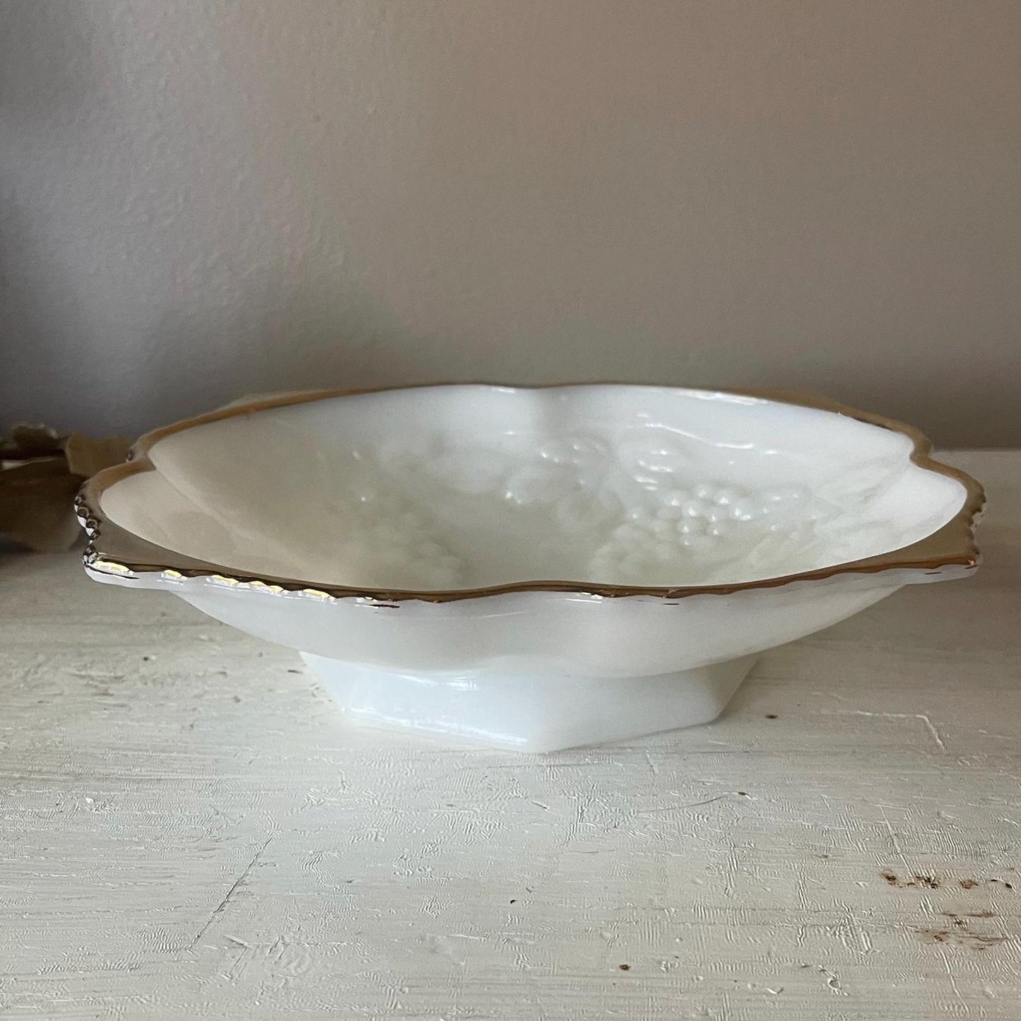Anchor Hocking 1960s Milk Glass Square Bowl Grape Pattern with Gold Trim | Milk Glass | Milk Glass Square Bowl | Milk Glass Grape Pattern