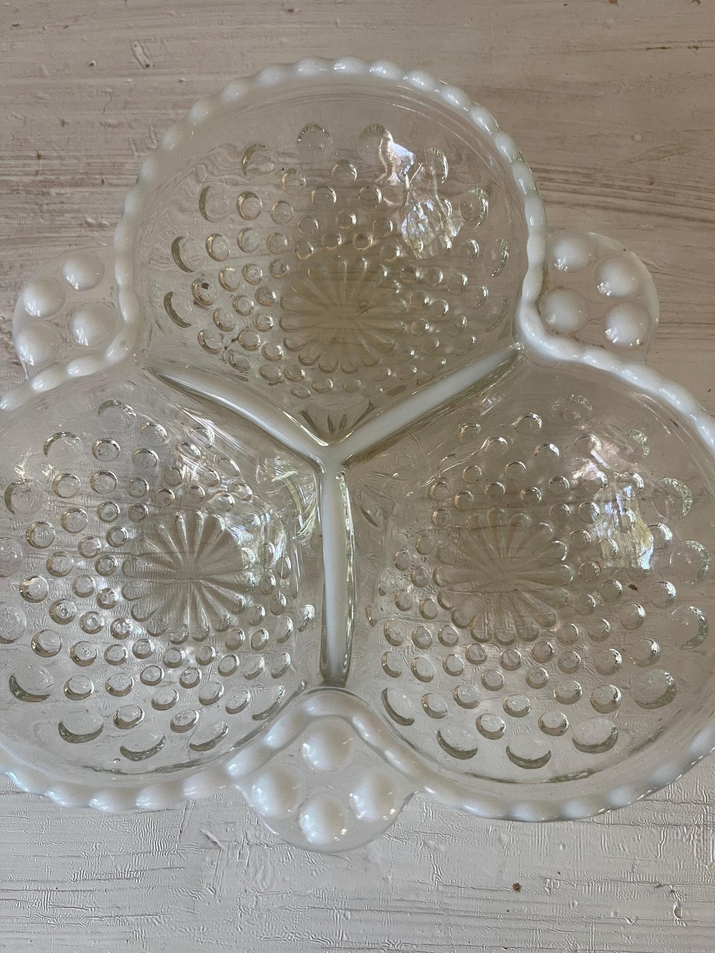 Fenton Moonstone Candy Dish | Moonstone Opalescent Hobnail Candy Dish | Three Section Nut Dish | Moonstone Clover Dish | Relish Dish