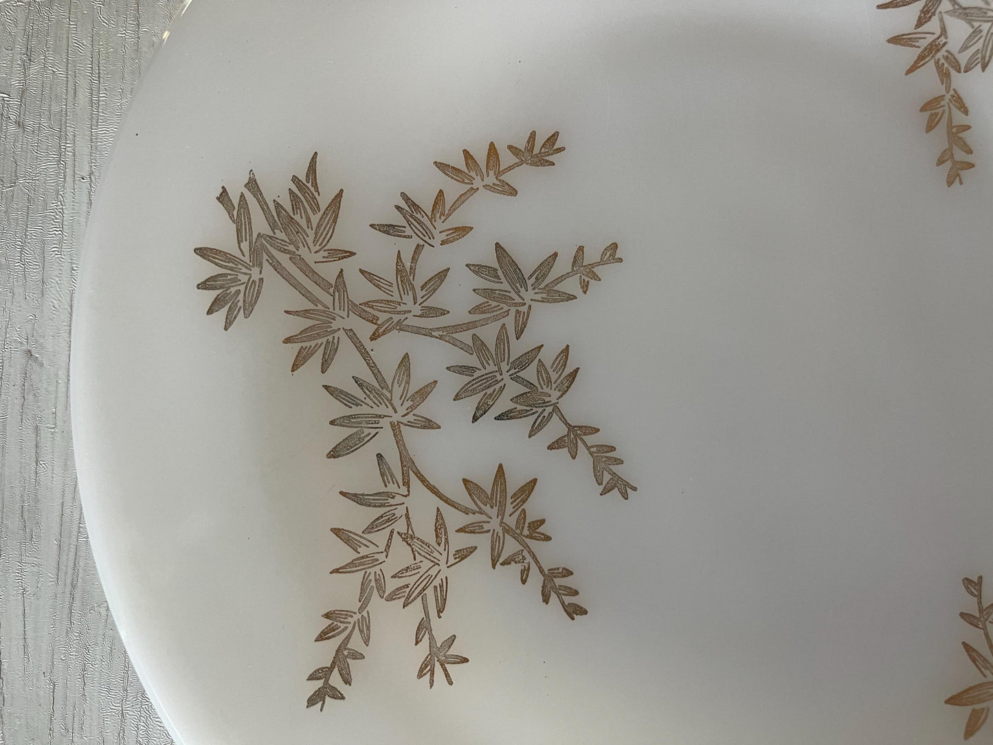 4 Dinner Plates - Federal Glass Golden Glory Leaf - Vintage Plates - Golden Glory Leaf Pattern Plates - Midcentury Milk Glass Plates