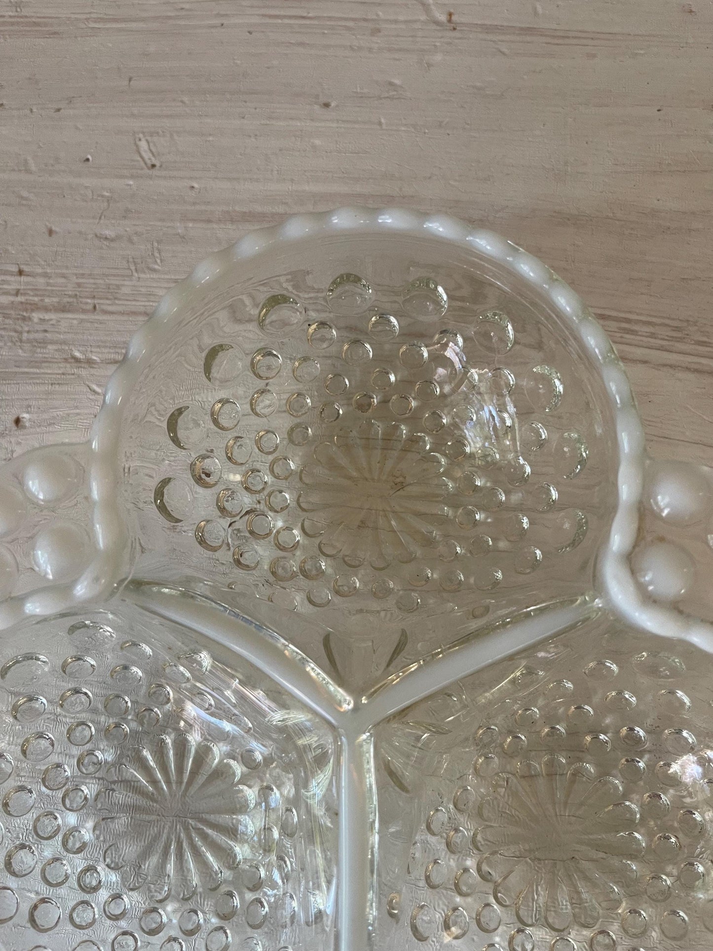 Fenton Moonstone Candy Dish | Moonstone Opalescent Hobnail Candy Dish | Three Section Nut Dish | Moonstone Clover Dish | Relish Dish