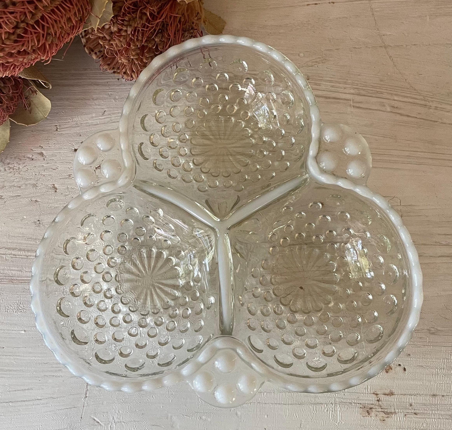 Fenton Moonstone Candy Dish | Moonstone Opalescent Hobnail Candy Dish | Three Section Nut Dish | Moonstone Clover Dish | Relish Dish