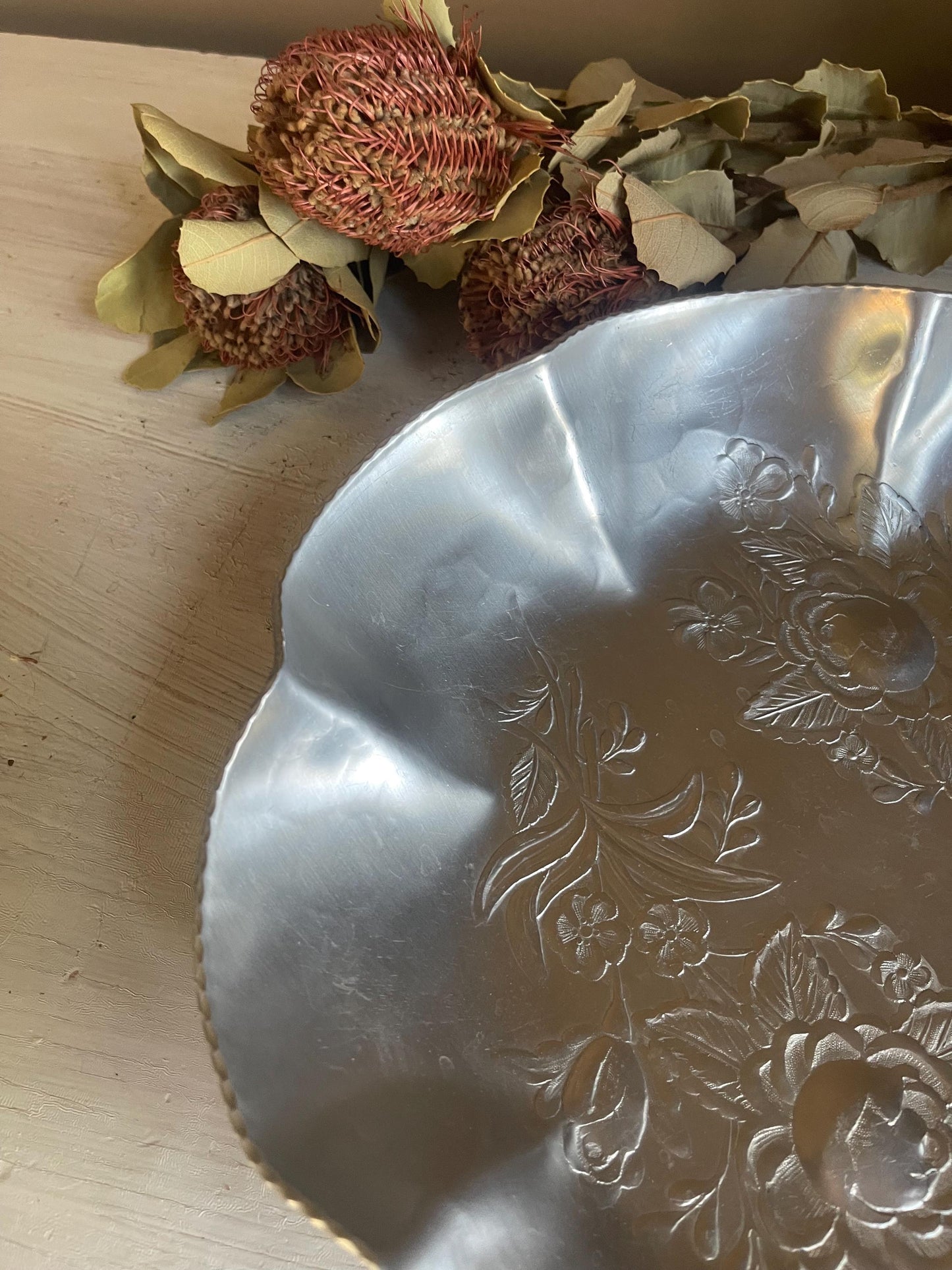 Hand Forged Hammered Aluminum Bowl with Floral Design and Ruffled Edges | Hand Forged Bowls | Vintage Aluminum Bowl | Hammered Aluminum Bowl