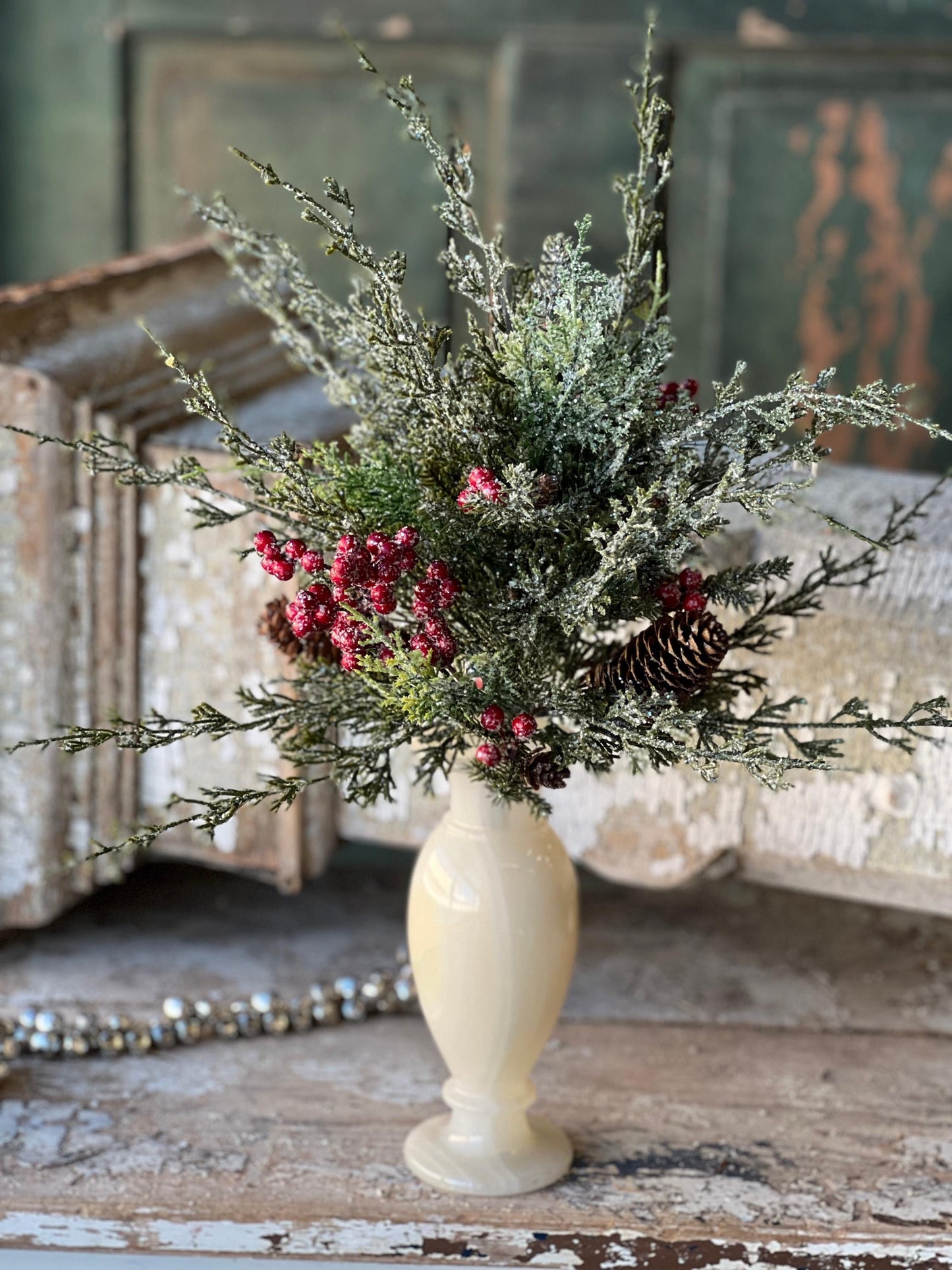 Divinity Berry Cedar Pick Set of 2 | Snow Covered Cedar Pick with Berries | Christmas Greens