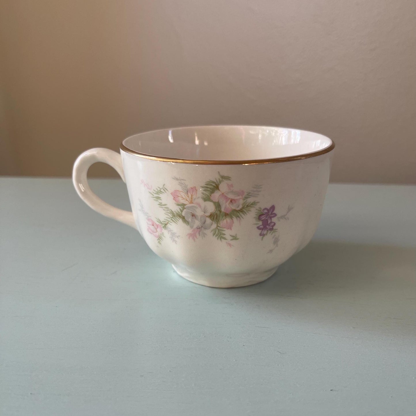 Homer Laughlin Jean Pattern Cup & Saucer Set | Vintage Cup and Saucer with Pink Flowers | Wedding or Bridal Shower Table Setting
