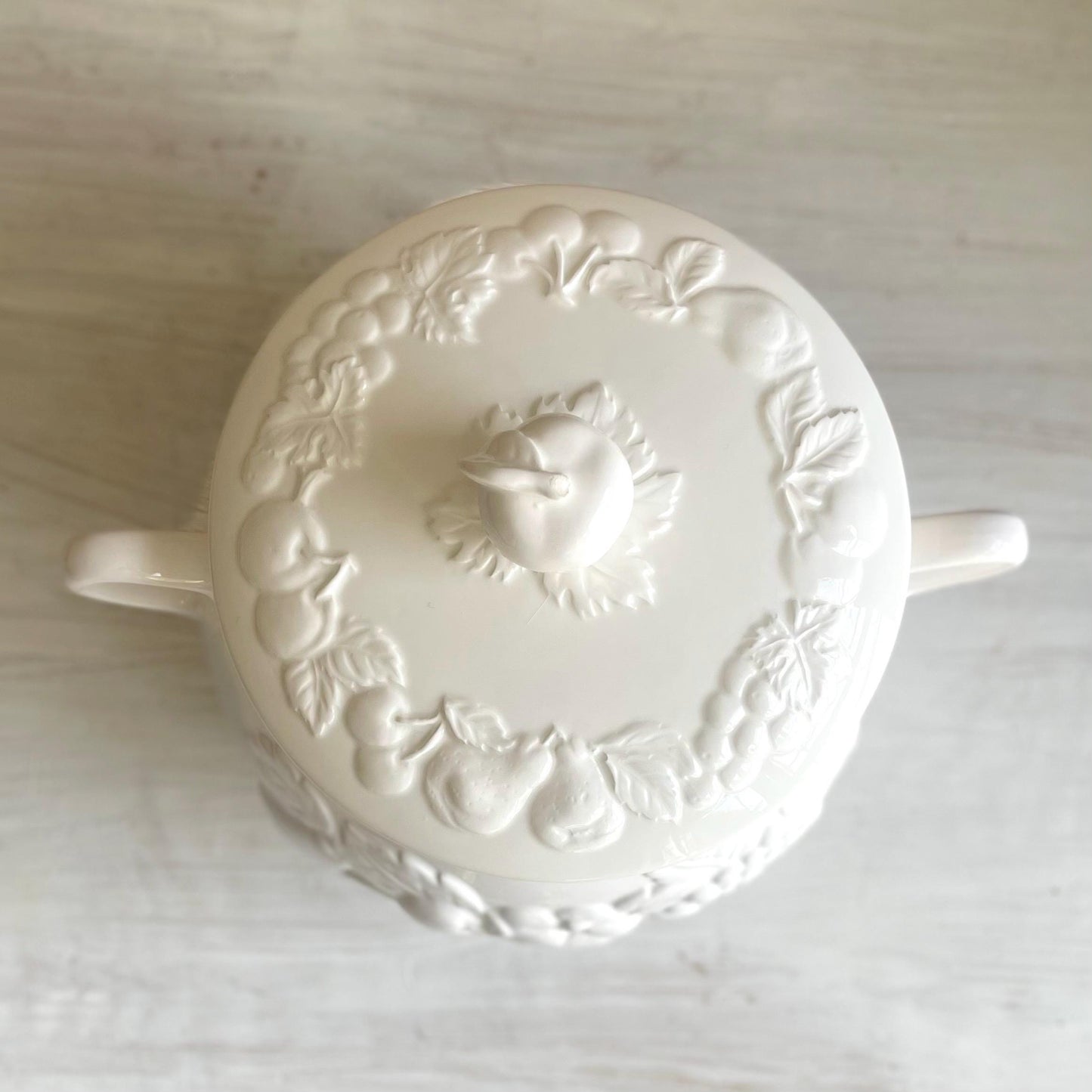 Soup Tureen - Vintage White Ceramic Soup Tureen | Embossed Fruit Design | Nature by Tablestop Unlimited