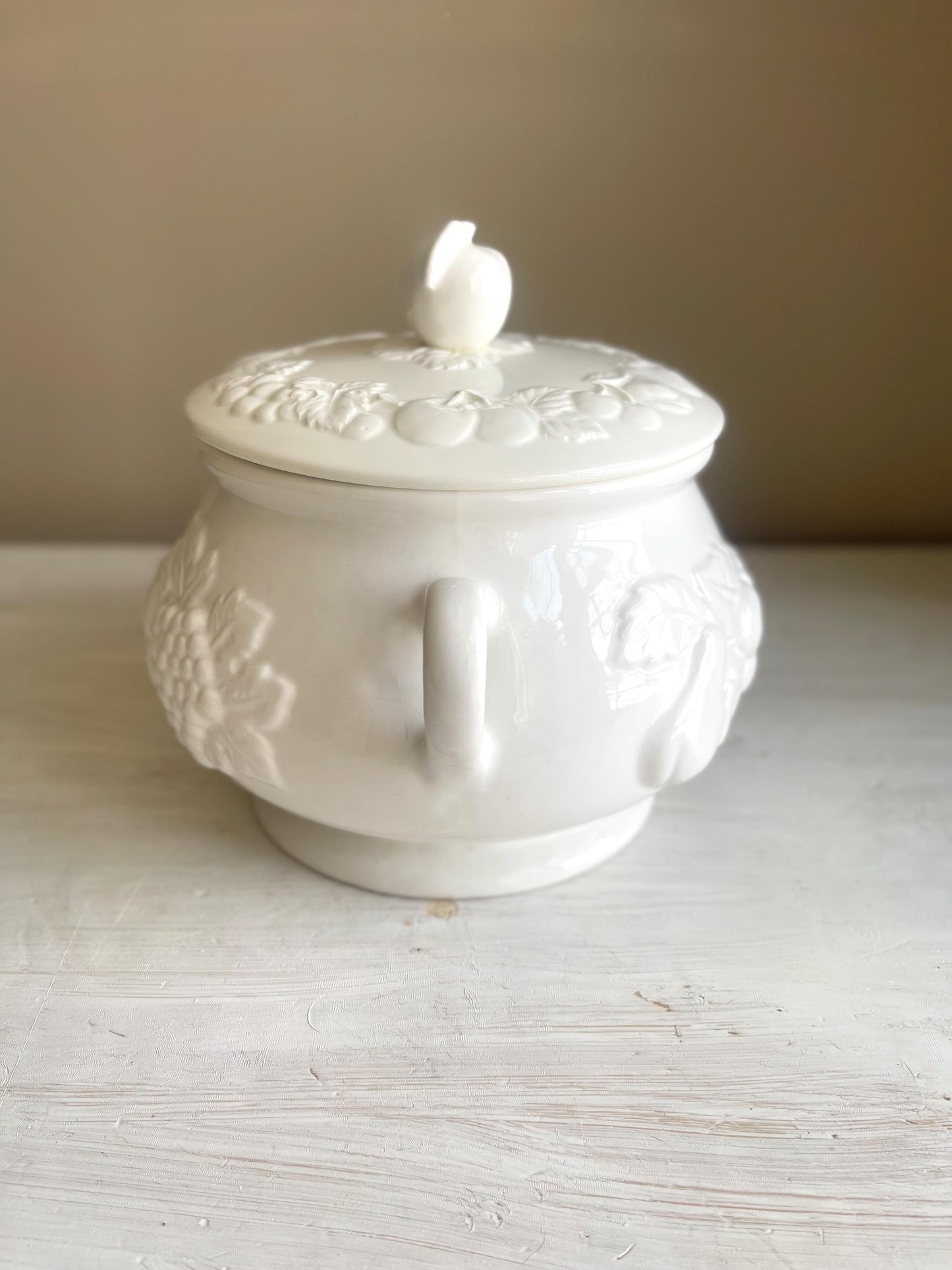 Soup Tureen - Vintage White Ceramic Soup Tureen | Embossed Fruit Design | Nature by Tablestop Unlimited