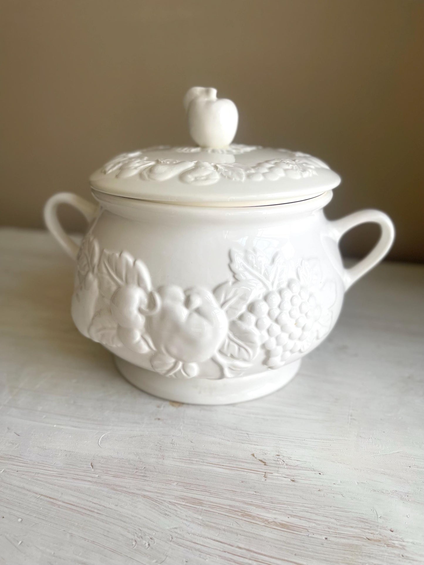 Soup Tureen - Vintage White Ceramic Soup Tureen | Embossed Fruit Design | Nature by Tablestop Unlimited