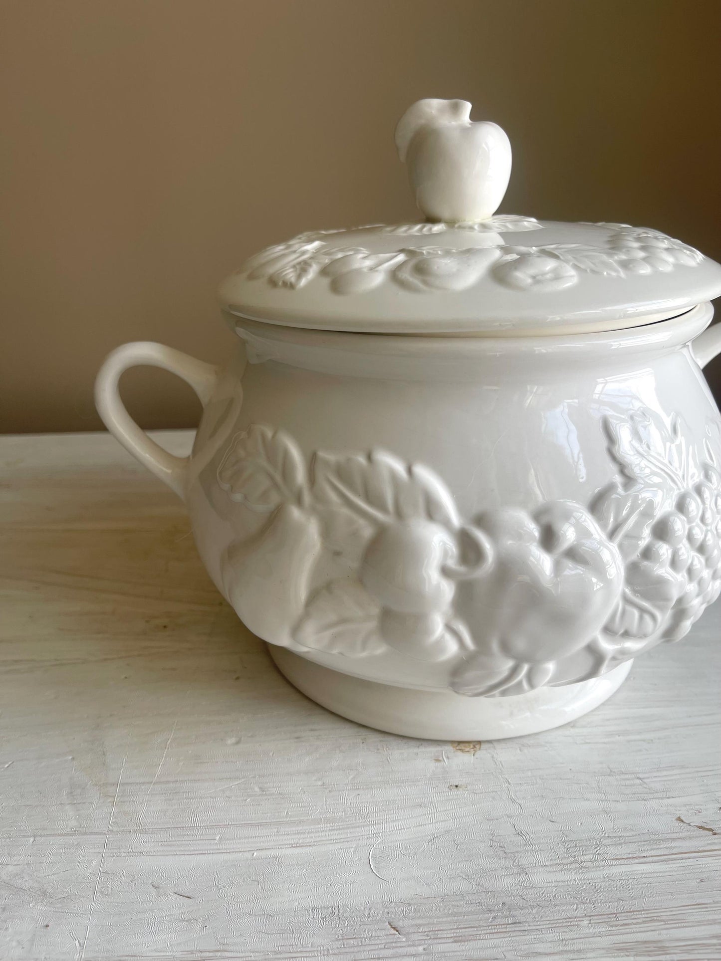 Soup Tureen - Vintage White Ceramic Soup Tureen | Embossed Fruit Design | Nature by Tablestop Unlimited
