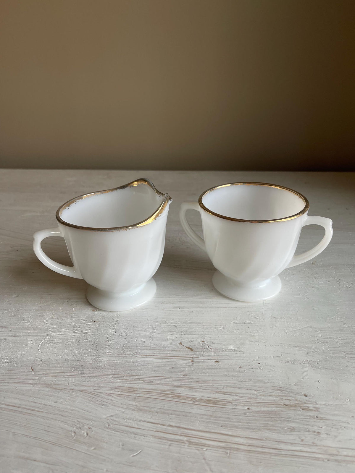 Vintage Fire King Milk Glass Cream and Sugar Set: Golden Anniversary Swirl