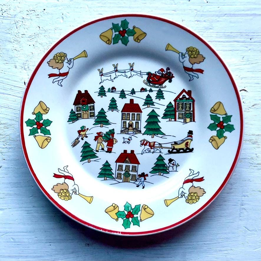 Jamestown China The Joy of Christmas Set of 4 Salad Plates - Winter Village Scene Plate - Christmas Salad Plates - Vintage Holiday Plates