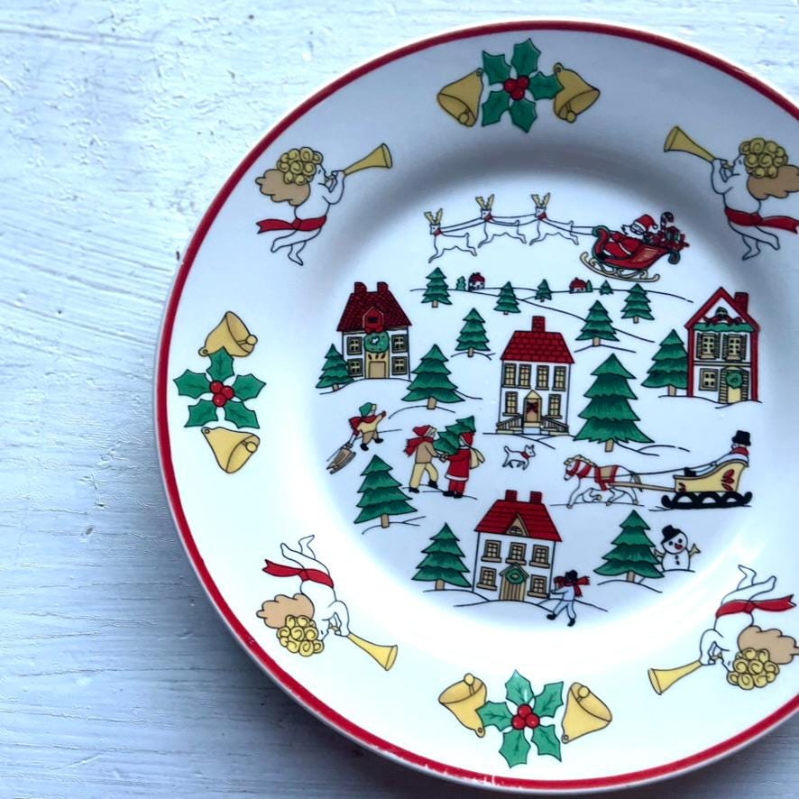 Jamestown China The Joy of Christmas Set of 4 Salad Plates - Winter Village Scene Plate - Christmas Salad Plates - Vintage Holiday Plates