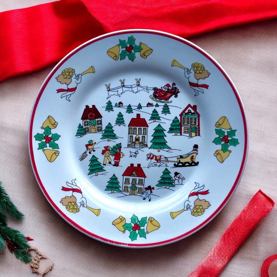 Jamestown China The Joy of Christmas Set of 4 Salad Plates - Winter Village Scene Plate - Christmas Salad Plates - Vintage Holiday Plates