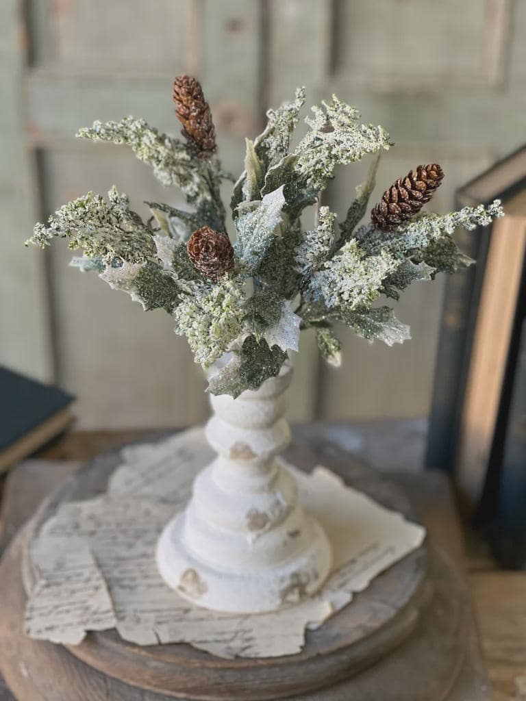 Snow Covered Pine & Holly Pick: 12-inch Christmas Greenery