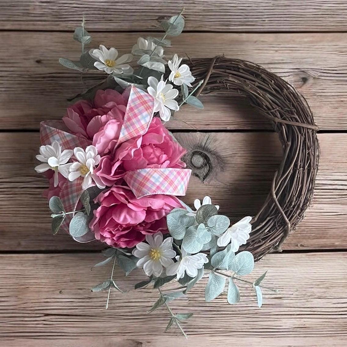 Pink & Plaid Spring Peony Wreath - Farmhouse Easter Decor