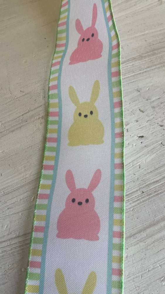 2 1/2" Wired Ribbon | White w/ Pink/Yellow Bunny Fronts | 10 Yard Roll