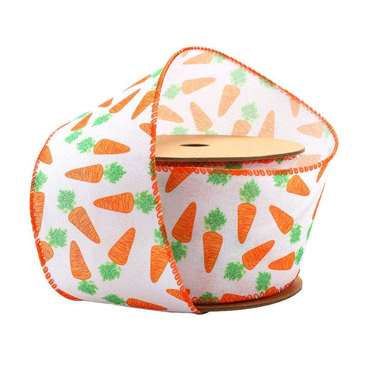 2 1/2" Wired Ribbon | White w/ Orange Carrots | 10 Yard Roll