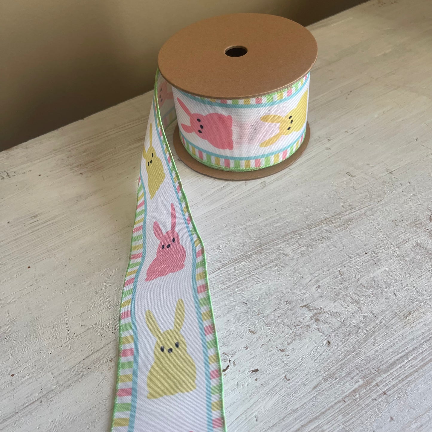 2 1/2" Wired Ribbon | White w/ Pink/Yellow Bunny Fronts | 10 Yard Roll