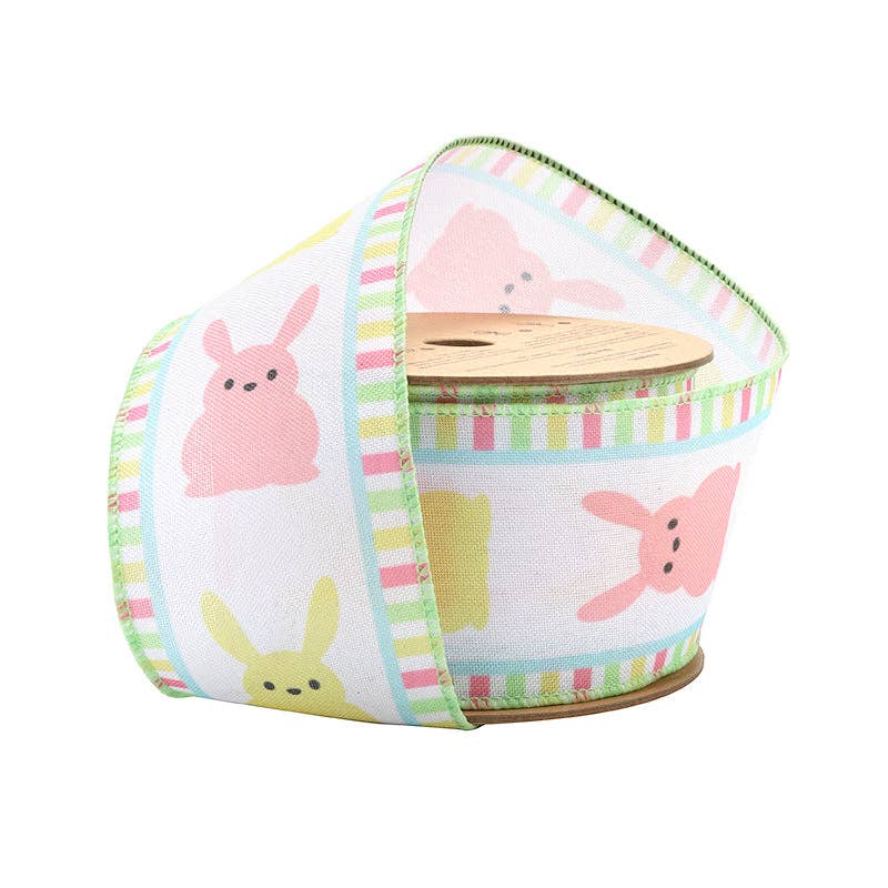 2 1/2" Wired Ribbon | White w/ Pink/Yellow Bunny Fronts | 10 Yard Roll