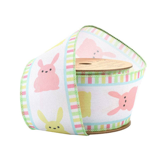 2 1/2" Wired Ribbon | White w/ Pink/Yellow Bunny Fronts | 10 Yard Roll