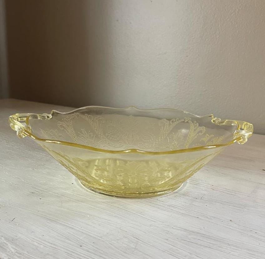 Lancaster Yellow Depression Glass Etched Bowl with Handles | Landrum Cane | Vintage Yellow Depression Glass | Vintage Fruit or Dessert Bowl
