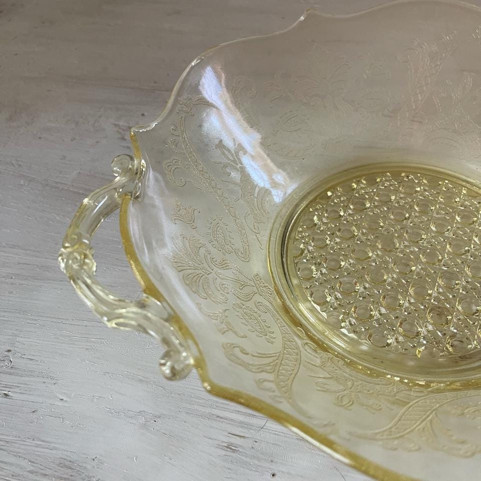 Lancaster Yellow Depression Glass Etched Bowl with Handles | Landrum Cane | Vintage Yellow Depression Glass | Vintage Fruit or Dessert Bowl