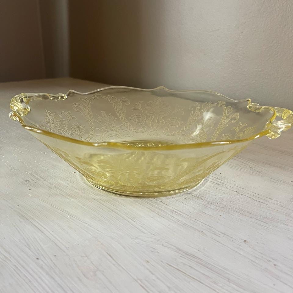 Lancaster Yellow Depression Glass Etched Bowl with Handles | Landrum Cane | Vintage Yellow Depression Glass | Vintage Fruit or Dessert Bowl