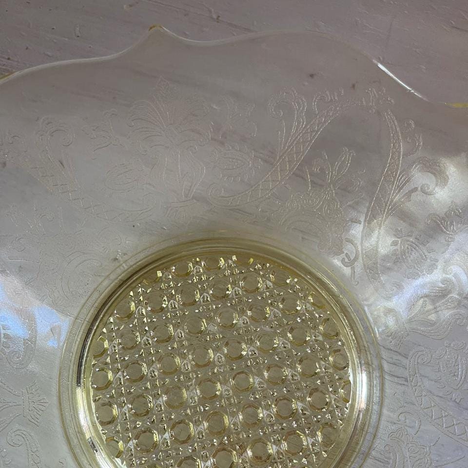 Lancaster Yellow Depression Glass Etched Bowl with Handles | Landrum Cane | Vintage Yellow Depression Glass | Vintage Fruit or Dessert Bowl