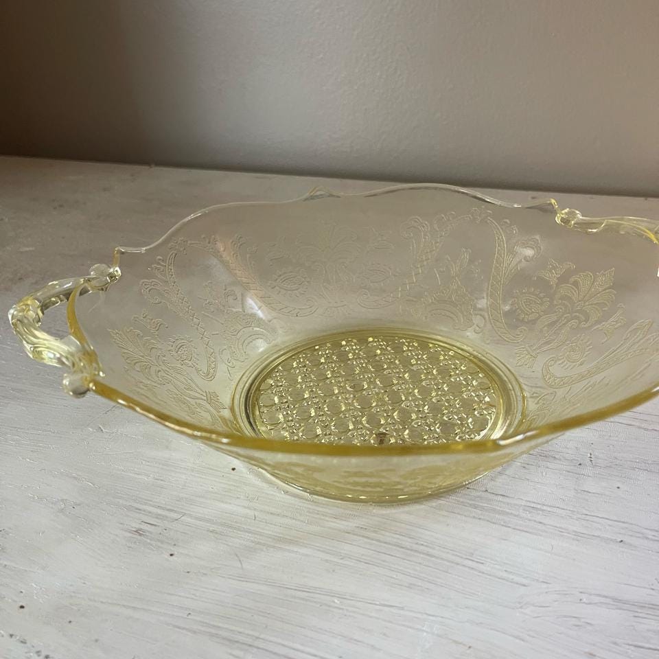 Lancaster Yellow Depression Glass Etched Bowl with Handles | Landrum Cane | Vintage Yellow Depression Glass | Vintage Fruit or Dessert Bowl