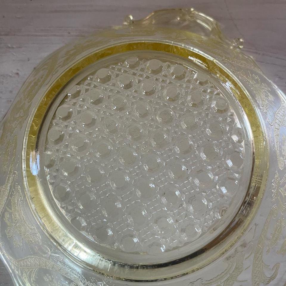 Lancaster Yellow Depression Glass Etched Bowl with Handles | Landrum Cane | Vintage Yellow Depression Glass | Vintage Fruit or Dessert Bowl