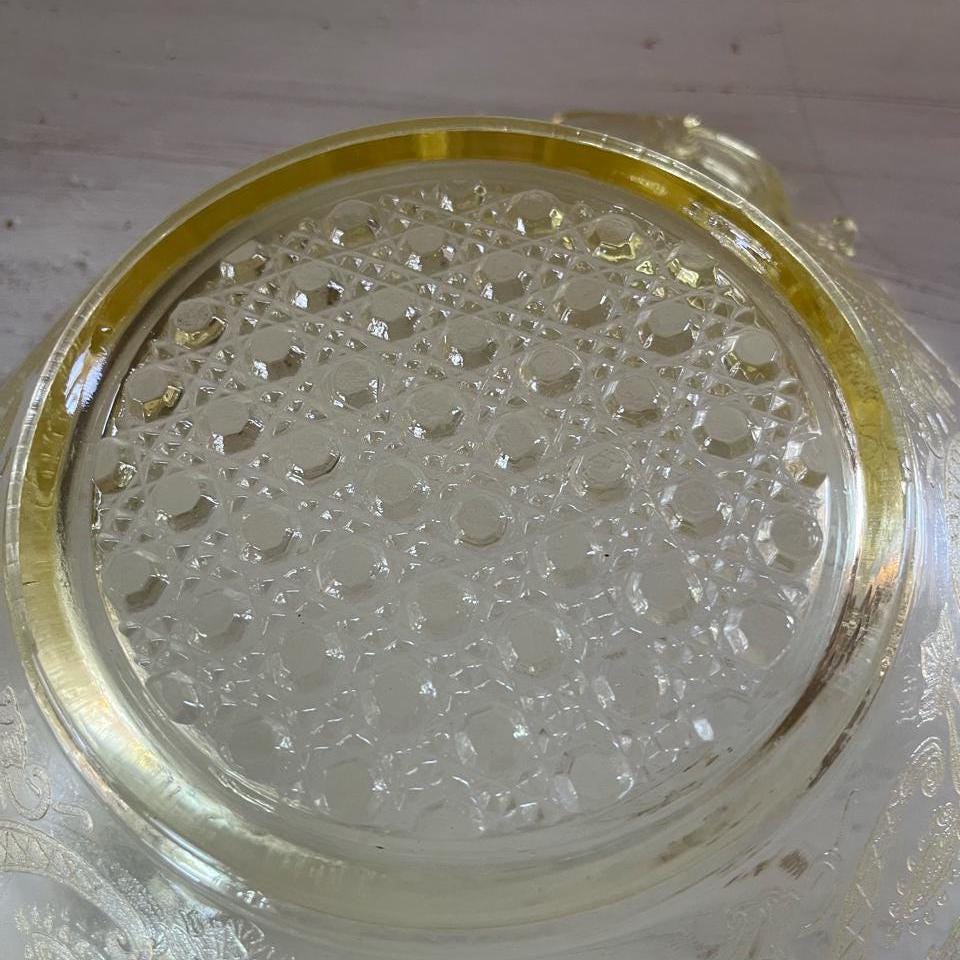 Lancaster Yellow Depression Glass Etched Bowl with Handles | Landrum Cane | Vintage Yellow Depression Glass | Vintage Fruit or Dessert Bowl