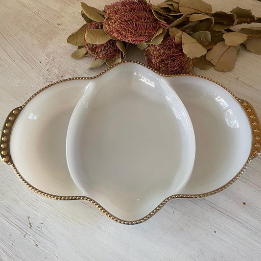 Vintage Fire King Veggie Tray: Clover-Shaped Gold Trim Relish Dish