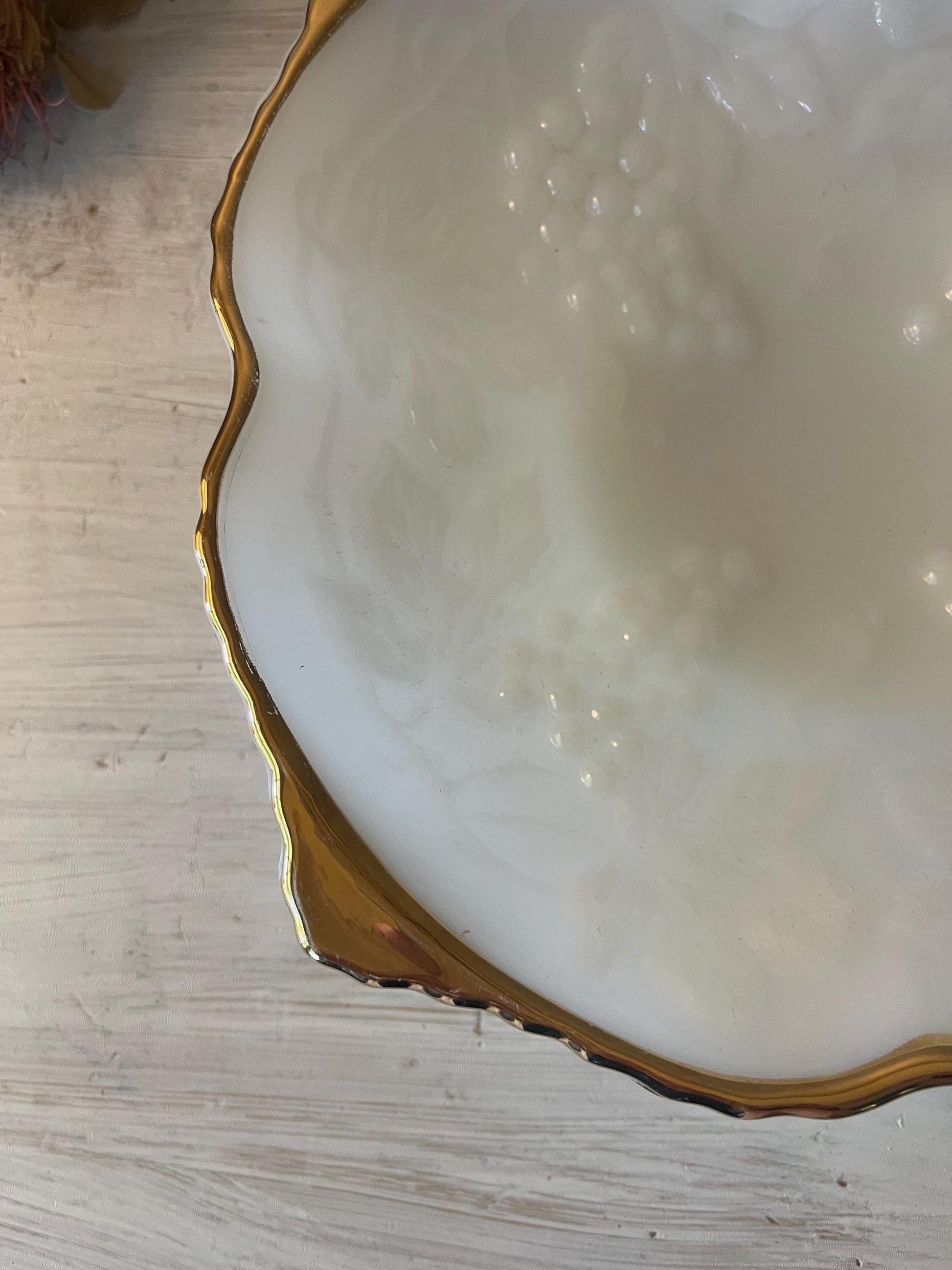 Vintage Anchor Hocking Milk Glass Bowl: 1960s Grape Pattern with Gold Trim