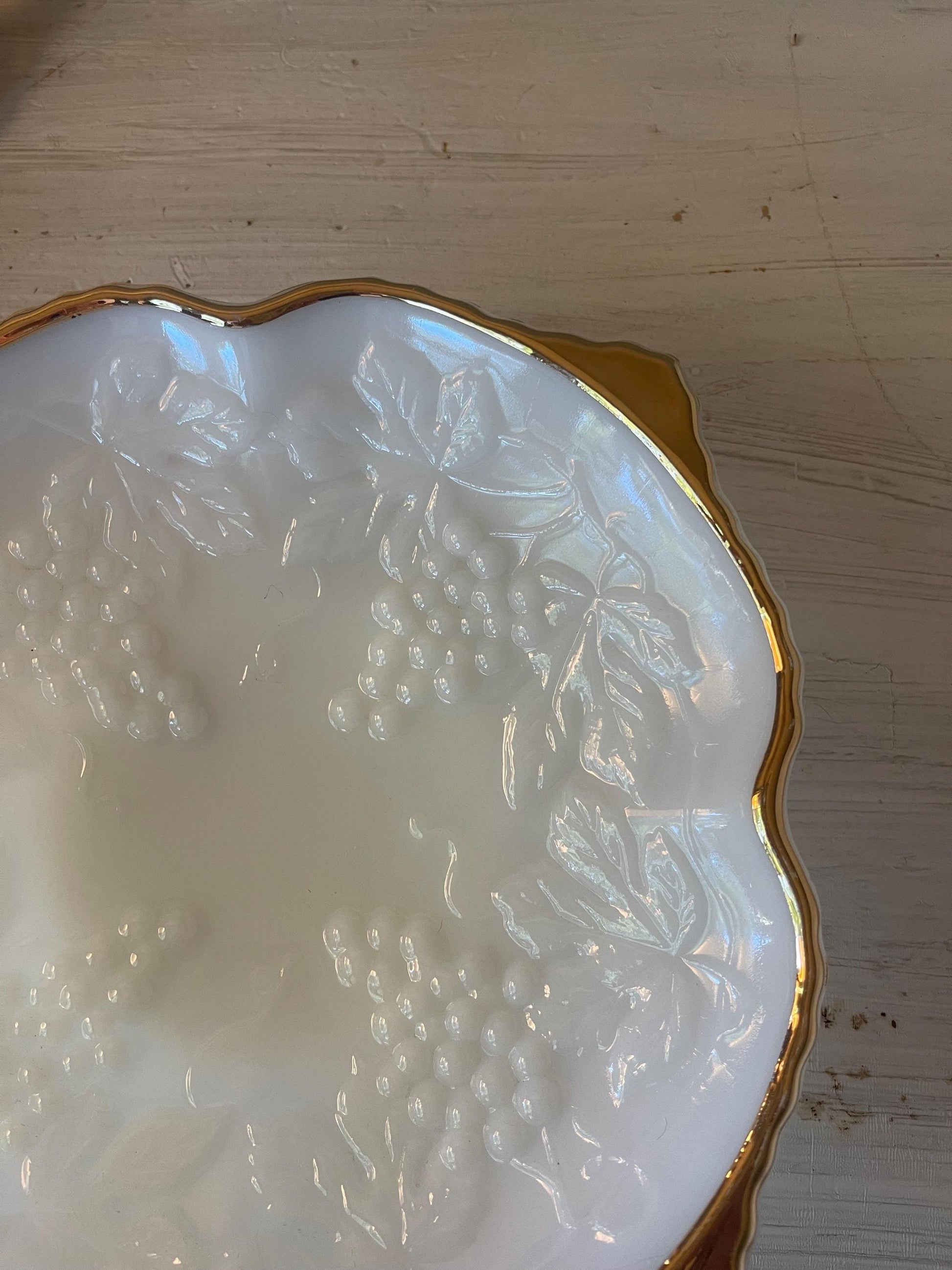 Anchor Hocking 1960s Milk Glass Square Bowl Grape Pattern with Gold Trim | Milk Glass | Milk Glass Square Bowl | Milk Glass Grape Pattern