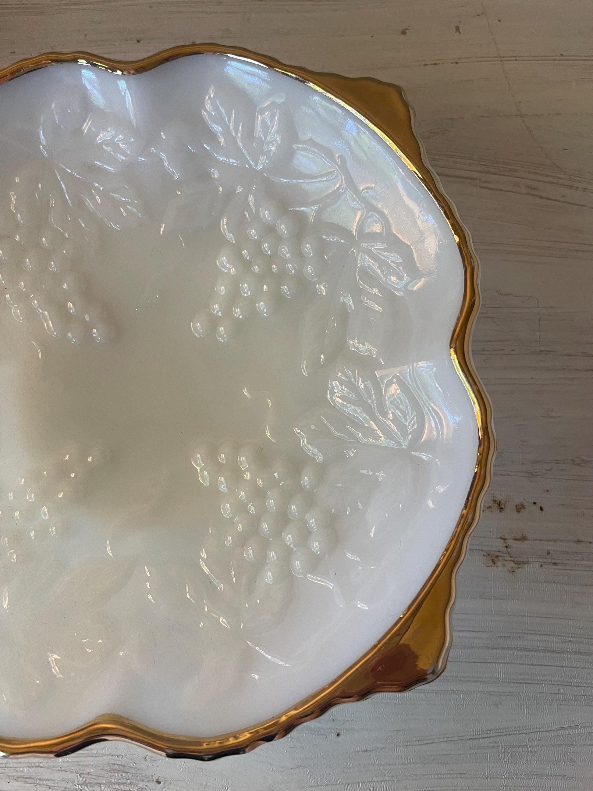 Anchor Hocking 1960s Milk Glass Square Bowl Grape Pattern with Gold Trim | Milk Glass | Milk Glass Square Bowl | Milk Glass Grape Pattern