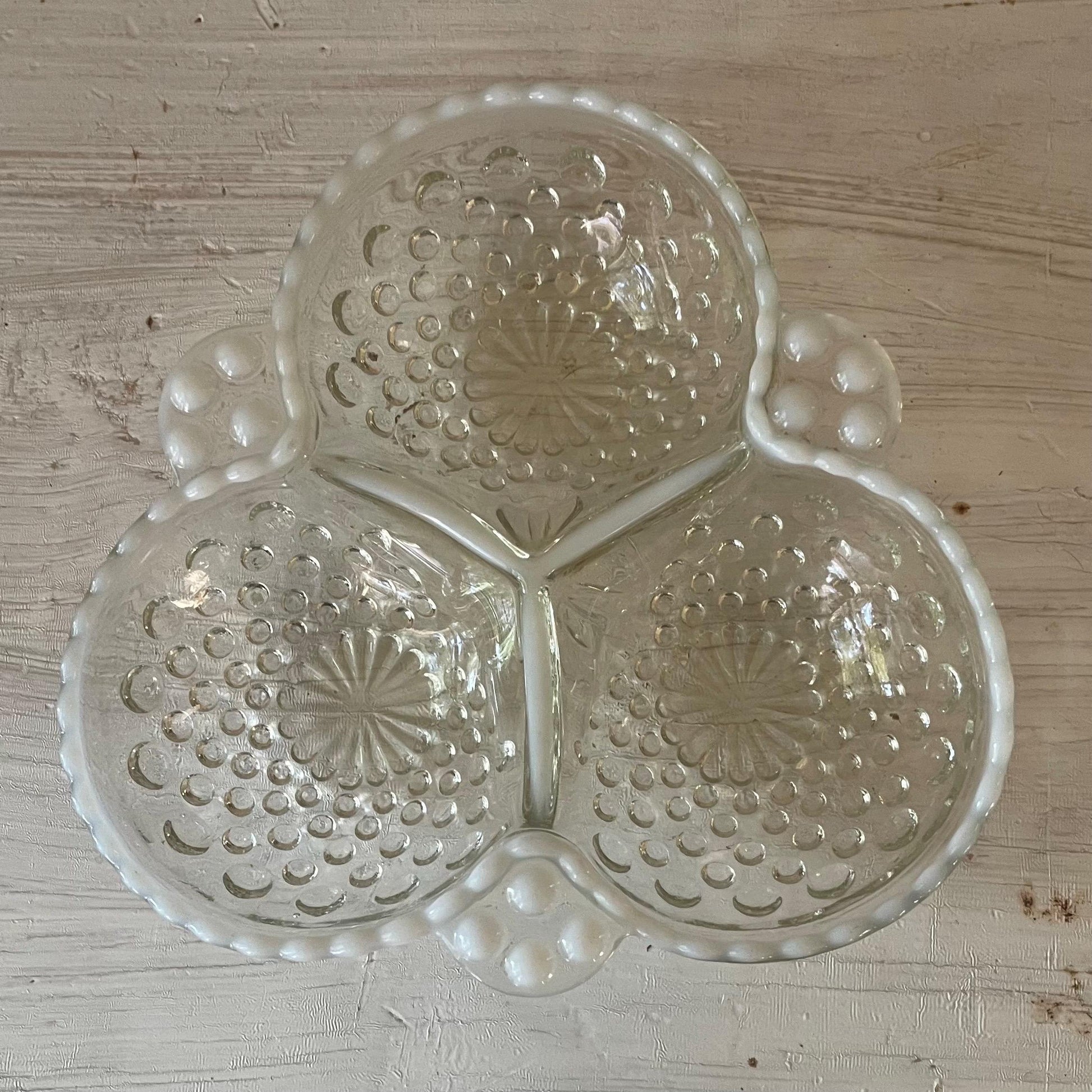 Fenton Moonstone Candy Dish | Moonstone Opalescent Hobnail Candy Dish | Three Section Nut Dish | Moonstone Clover Dish | Relish Dish