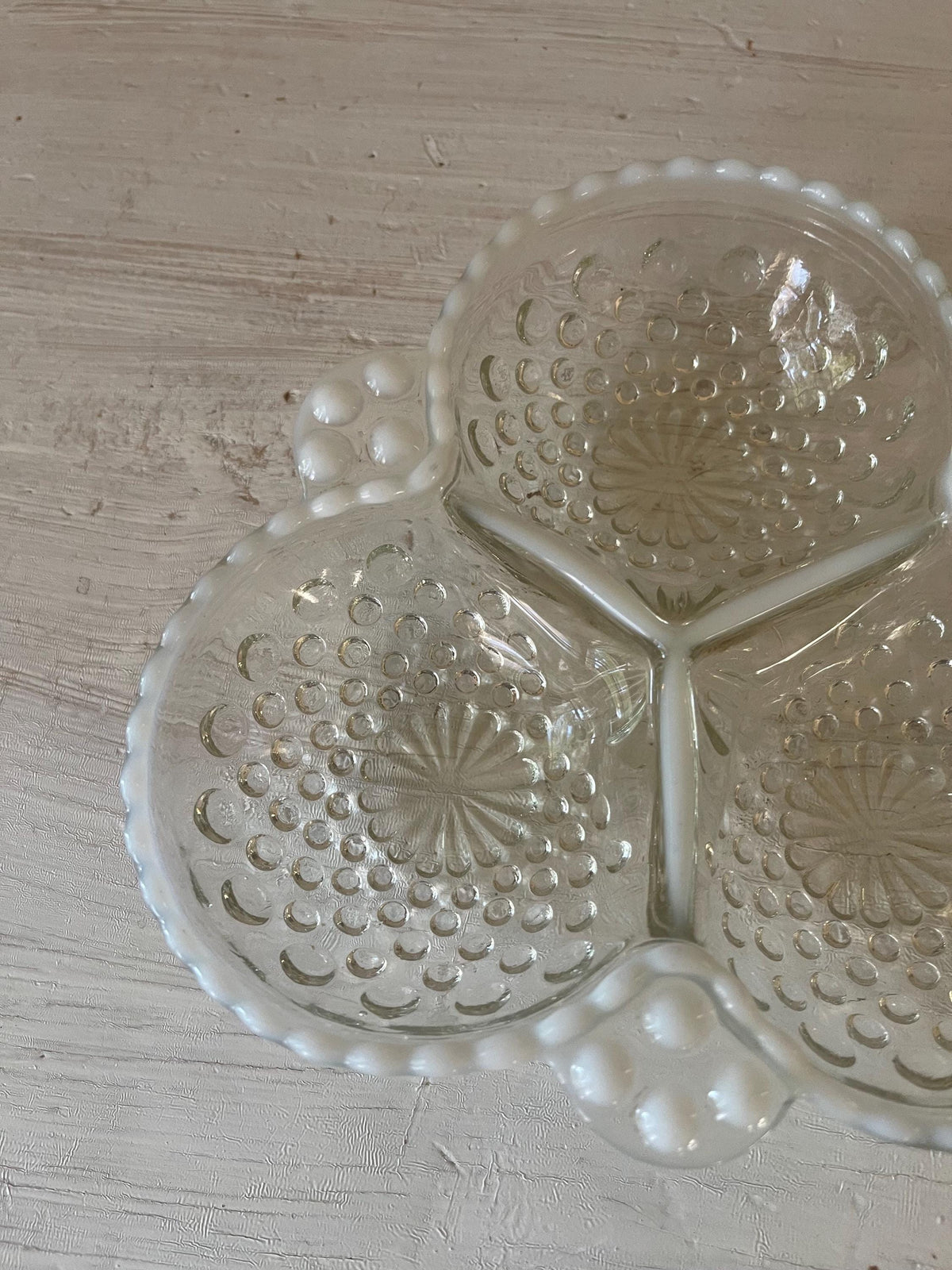 Vintage Fenton Moonstone Candy Dish: Opalescent Hobnail Clover Nut Relish