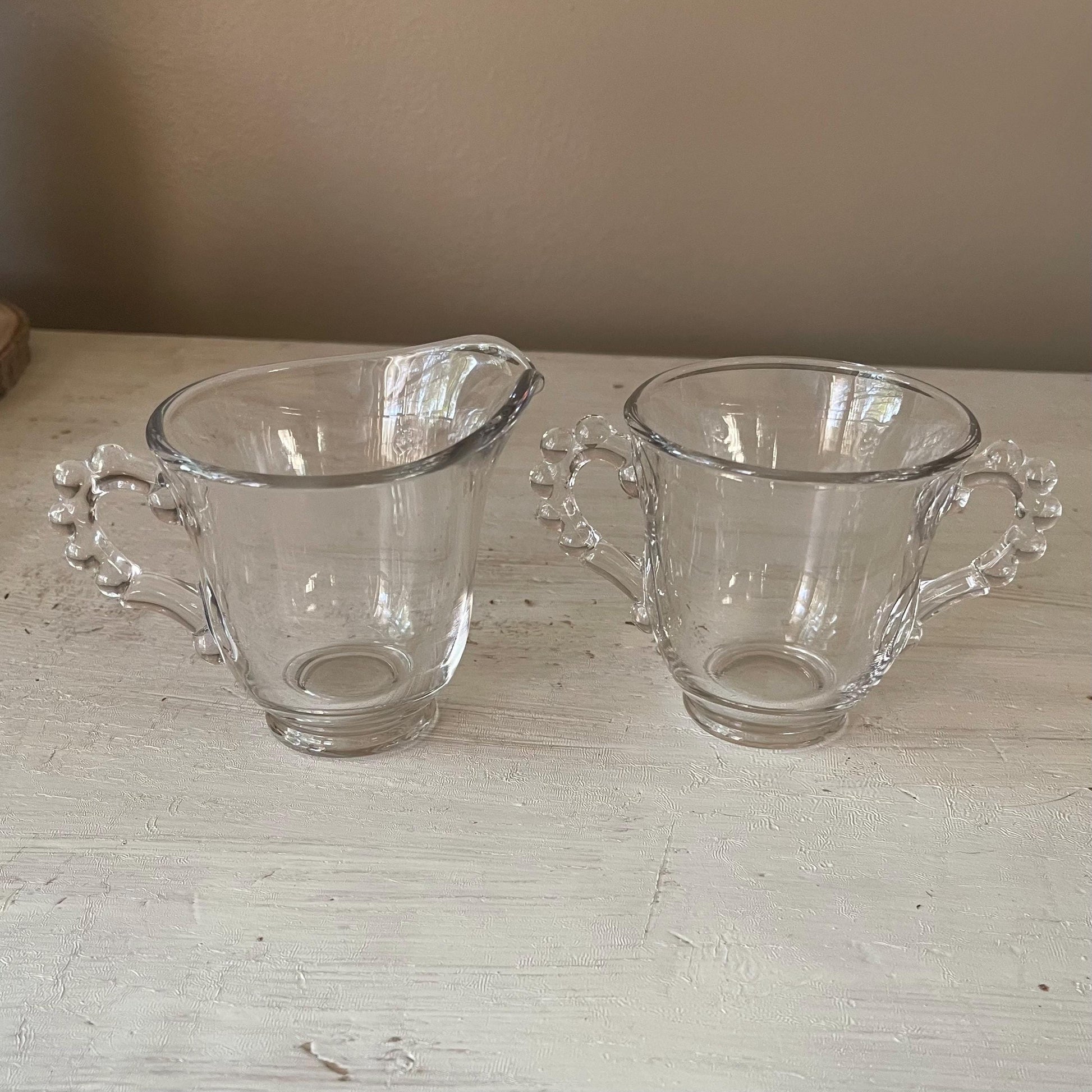 Candlewick Creamer and Sugar Bowl Set | Vintage Candlewick | Beaded Ridge Glass Plates | Candlewick Hobnail Edge | Hobnail Glass