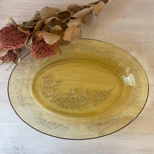 Federal Glass Yellow Depression Glass Serving Platter | Sharon Cabbage Rose Pattern