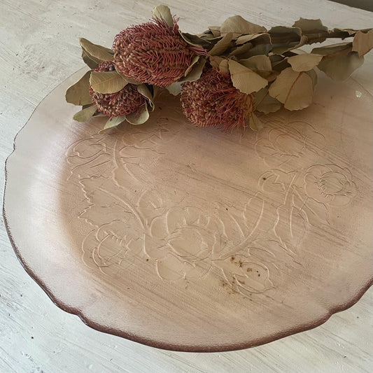 Vintage Arcoroc Rosaline Pink Glass Platter: Rose Embossed Serving Plate