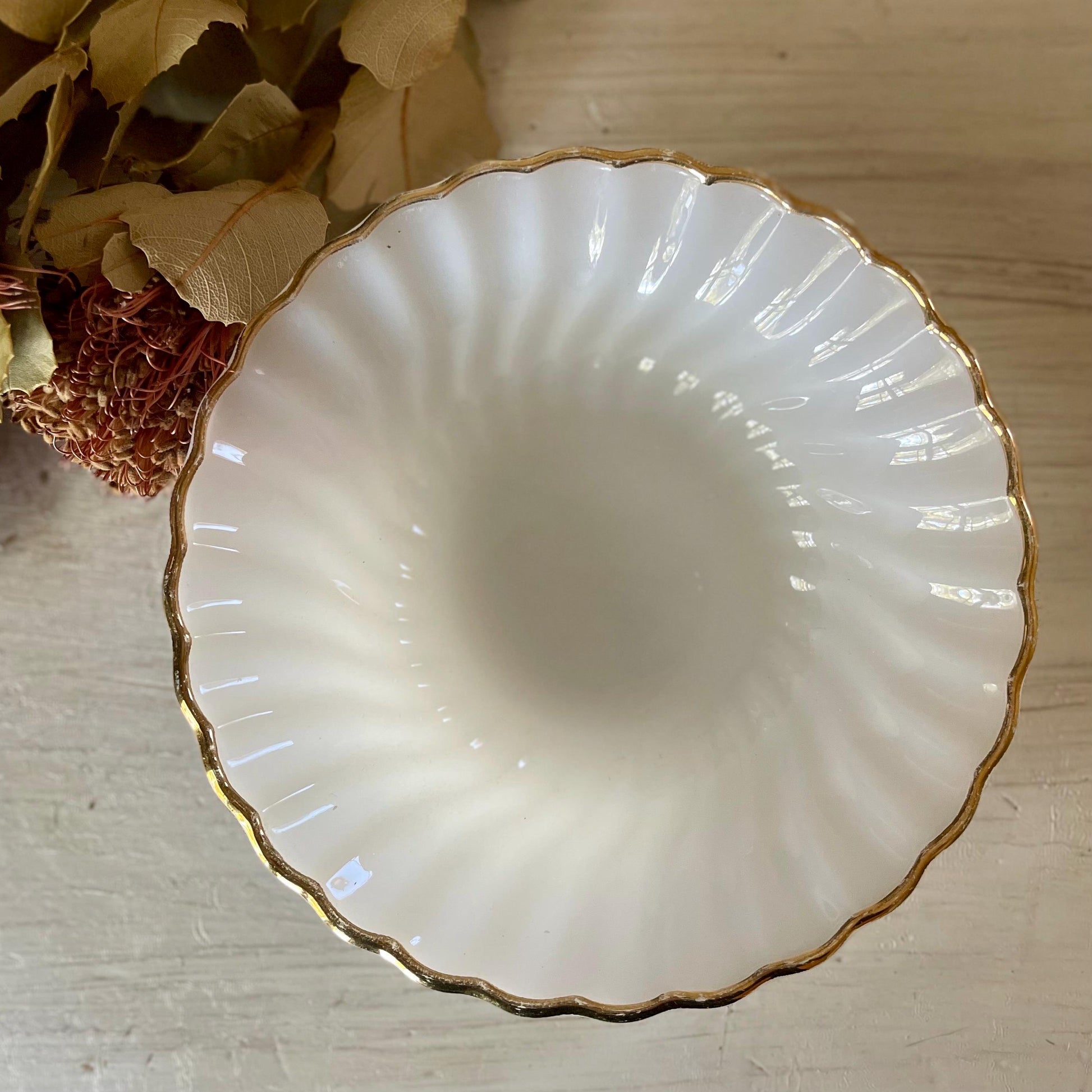 Fire King Golden Anniversary Shell Berry Dessert Bowl | Vintage Fire King Milk Glass Swirl | Gold Rim Milk Glass 5 Inch Bowl