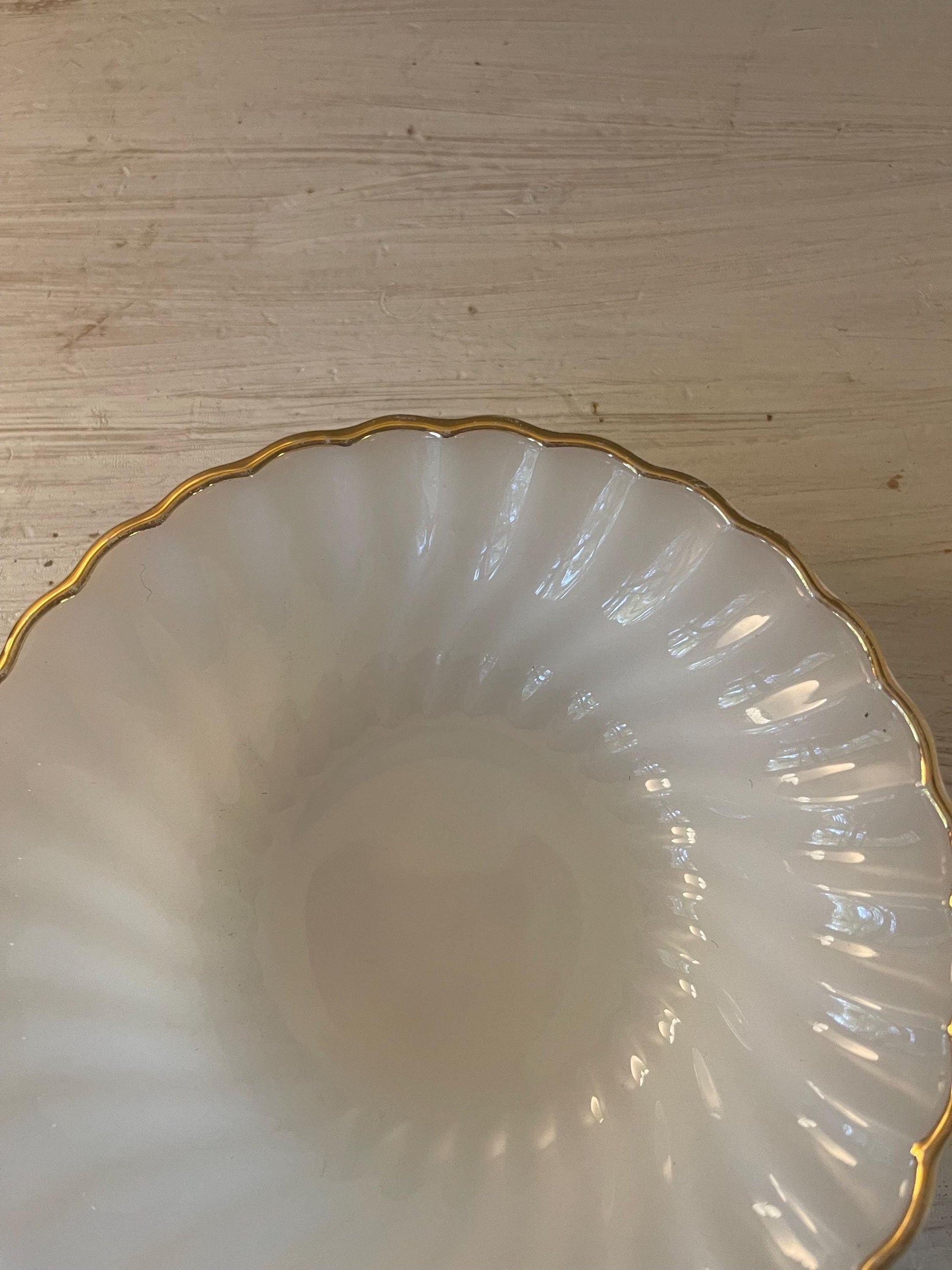 Fire King Golden Anniversary Shell Berry Dessert Bowl | Vintage Fire King Milk Glass Swirl | Gold Rim Milk Glass 5 Inch Bowl