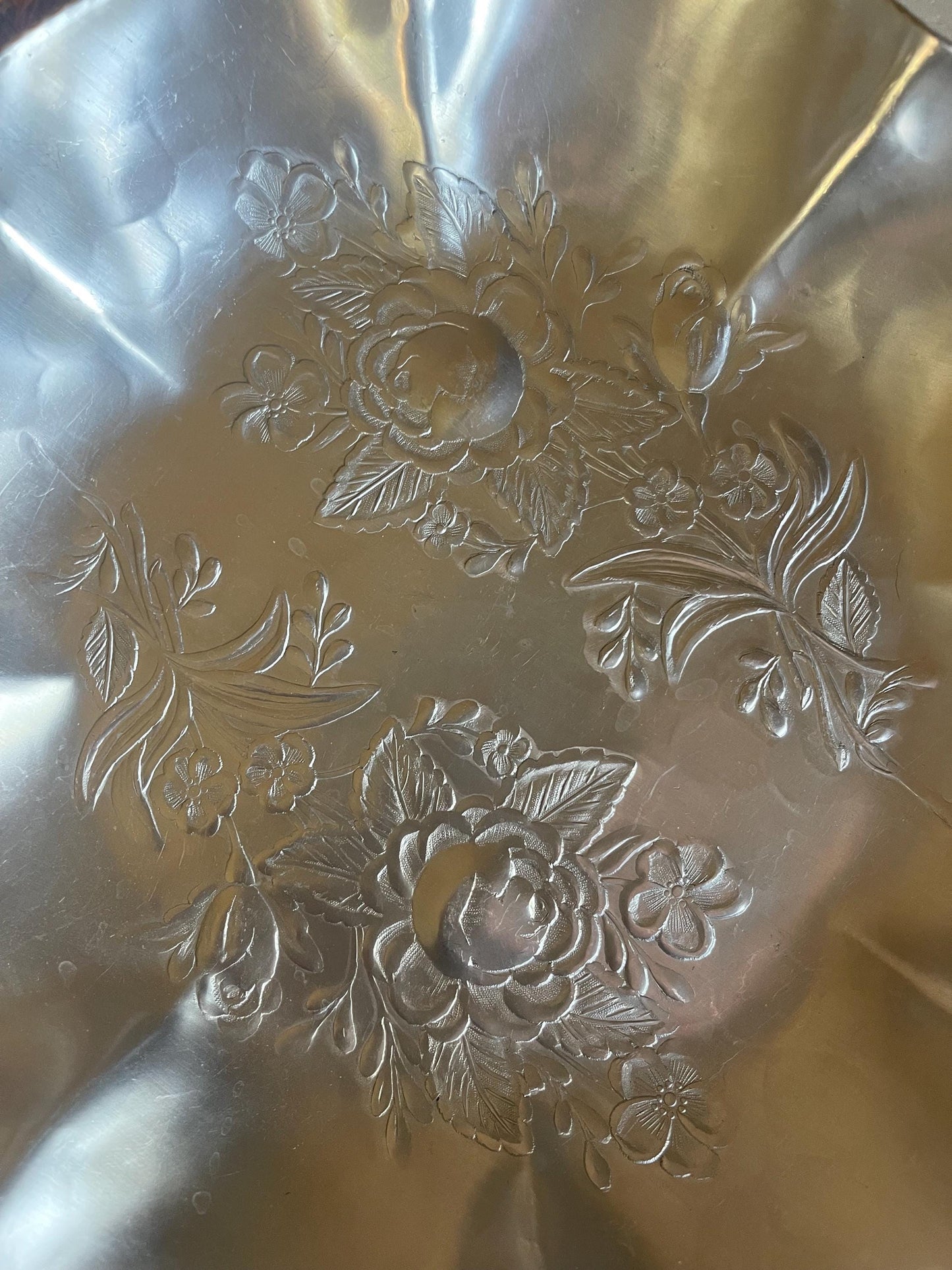 Hand Forged Hammered Aluminum Bowl: Vintage Floral Design, Ruffled Edge
