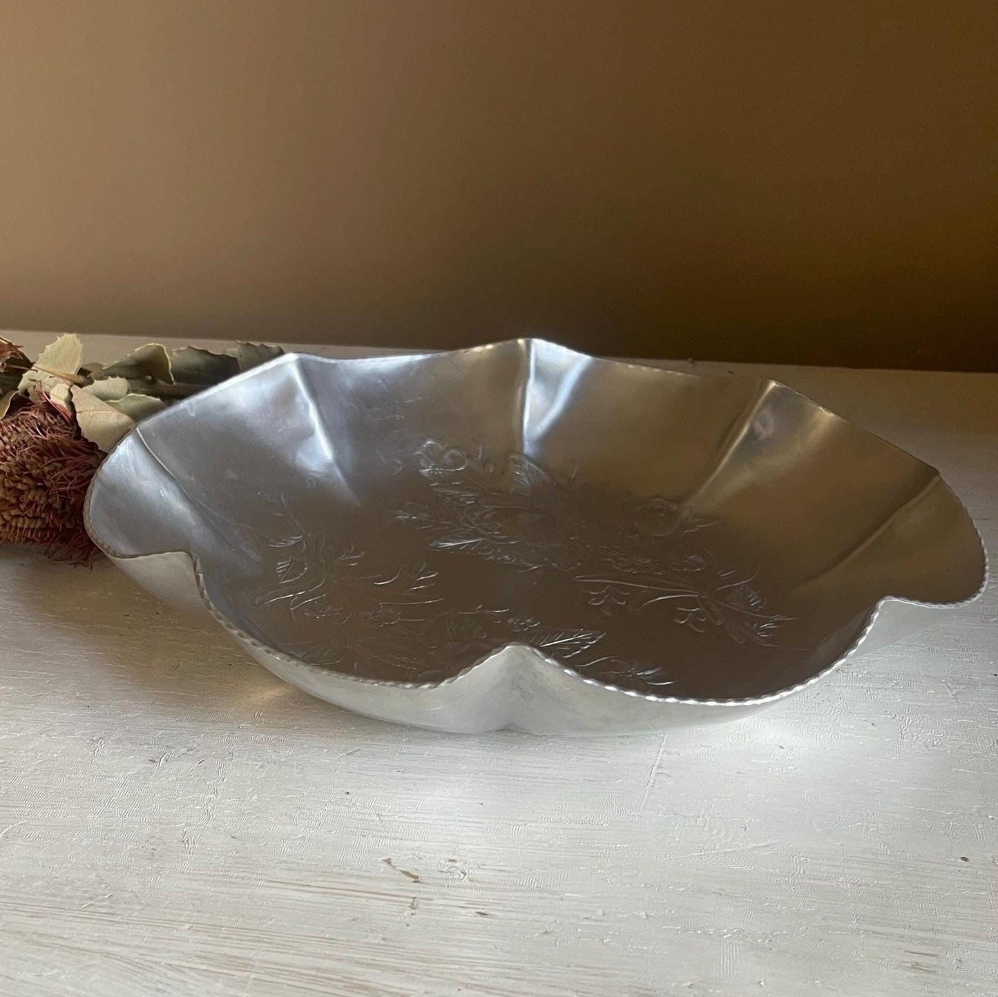 Hand Forged Hammered Aluminum Bowl: Vintage Floral Design, Ruffled Edge