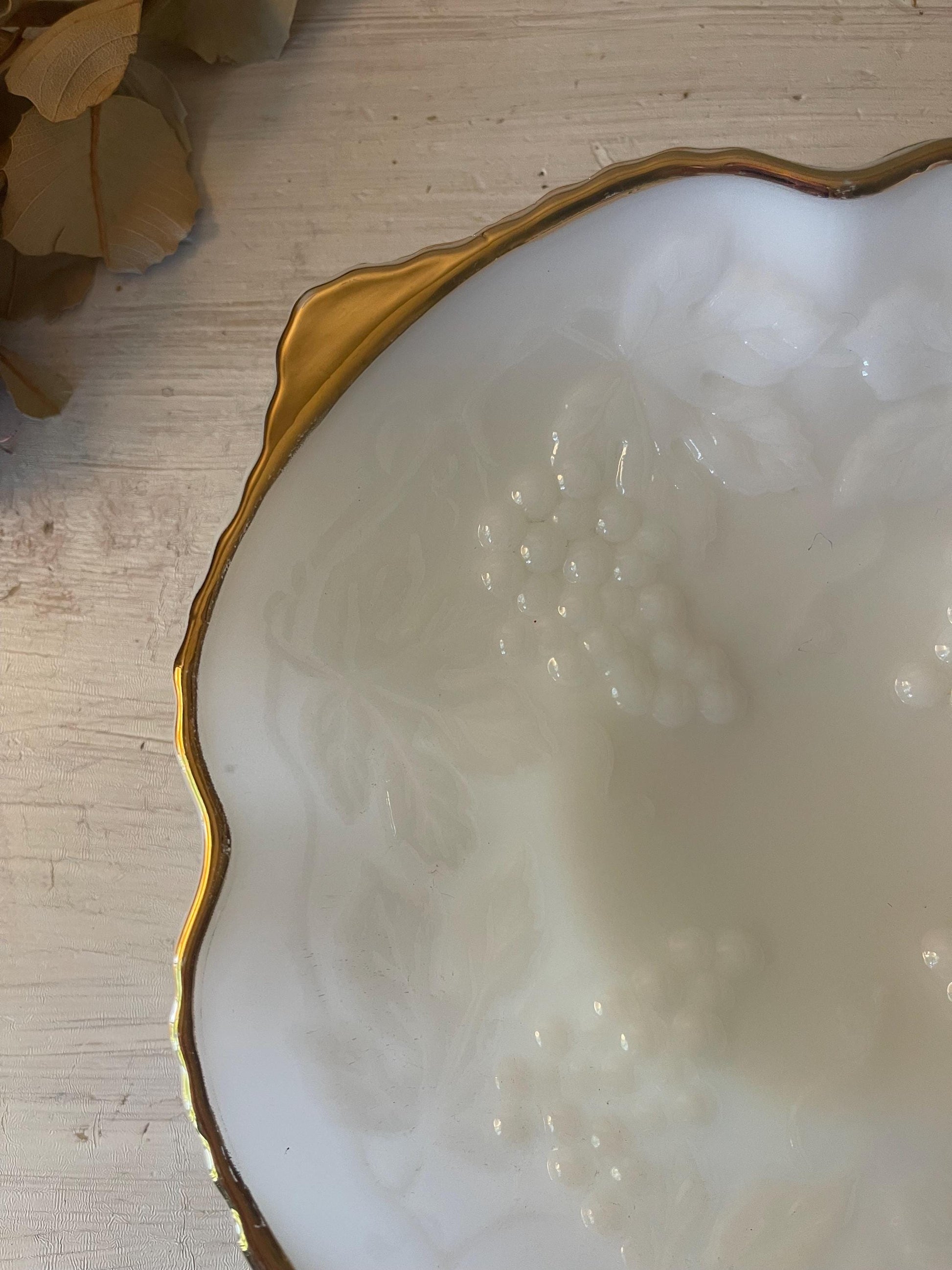 Anchor Hocking 1960s Milk Glass Square Bowl Grape Pattern with Gold Trim | Milk Glass | Milk Glass Square Bowl | Milk Glass Grape Pattern