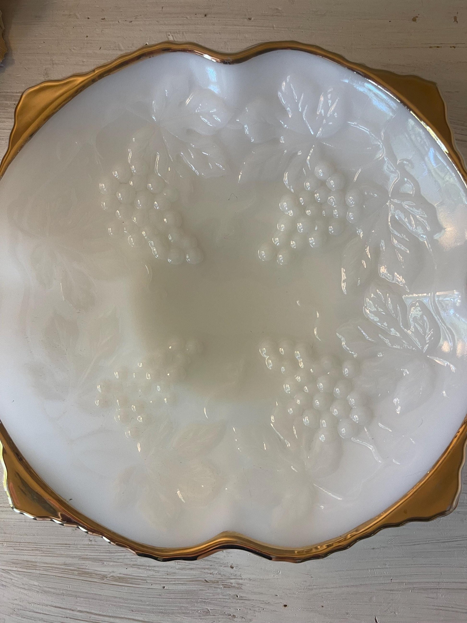 Anchor Hocking 1960s Milk Glass Square Bowl Grape Pattern with Gold Trim | Milk Glass | Milk Glass Square Bowl | Milk Glass Grape Pattern