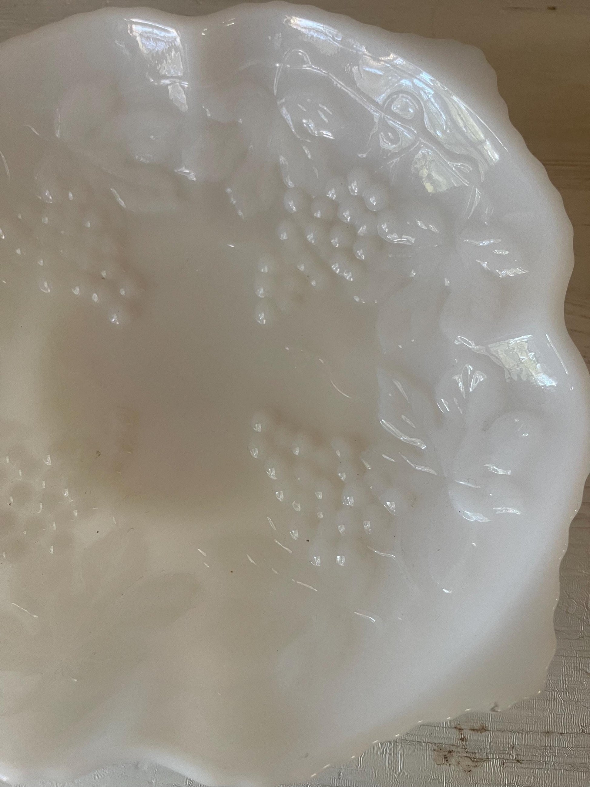 Vintage Anchor Hocking Milk Glass Bowl: Grape Pattern with Gold Trim