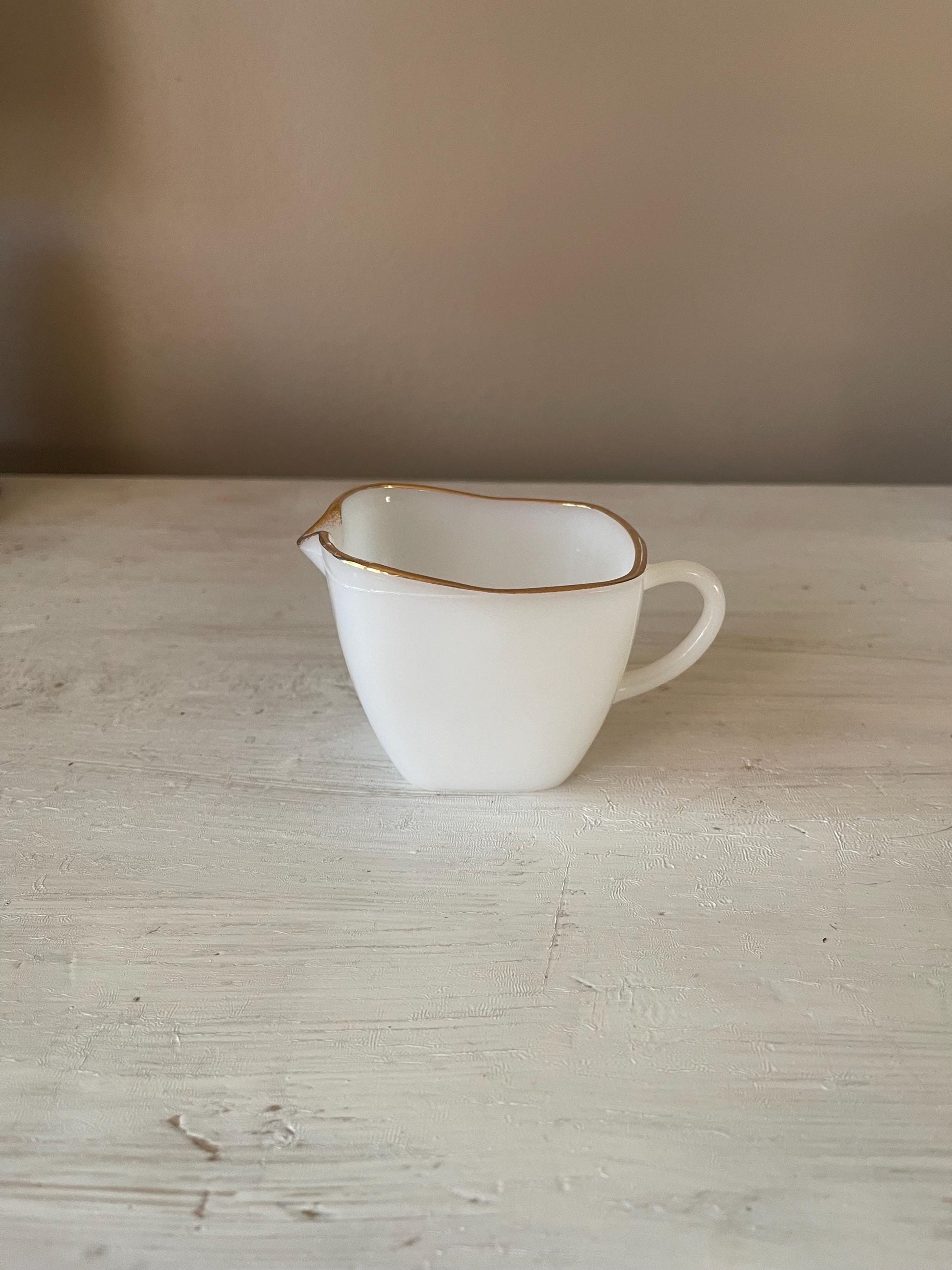 Vintage Fire King Milk Glass Creamer and Sugar Bowl Set with Gold Trim