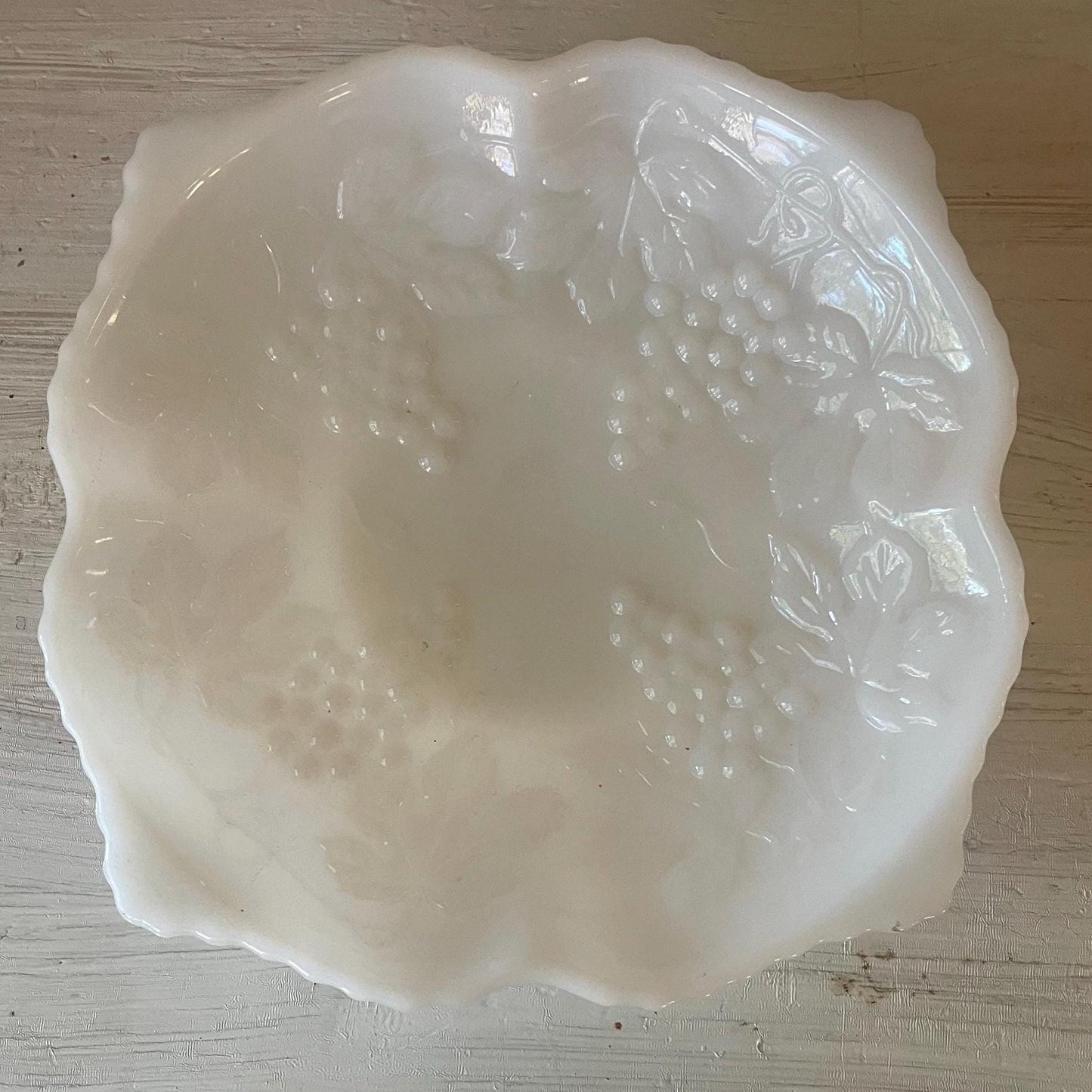 Vintage Anchor Hocking Milk Glass Bowl: Grape Pattern with Gold Trim