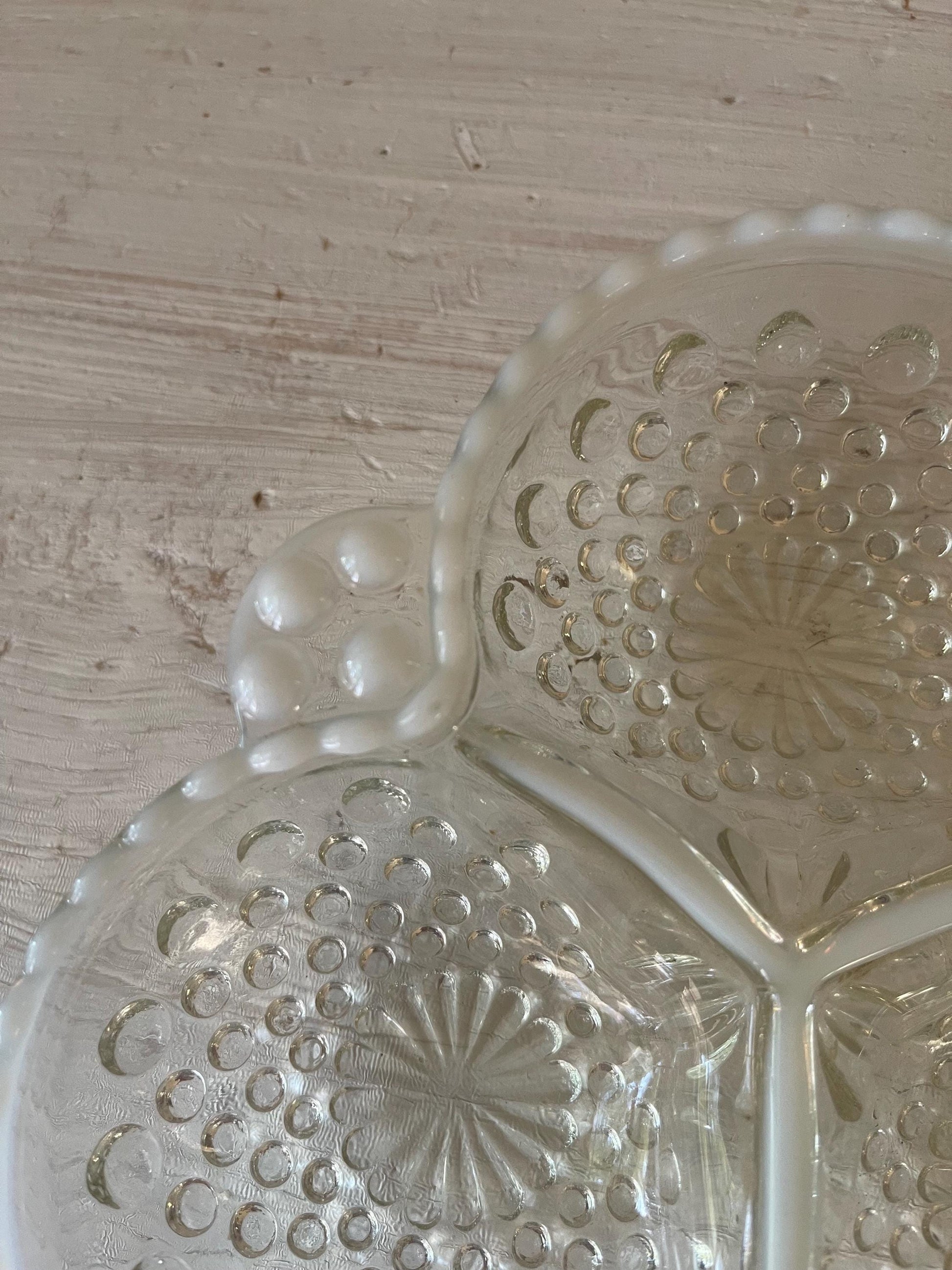 Vintage Fenton Moonstone Candy Dish: Opalescent Hobnail Clover Nut Relish